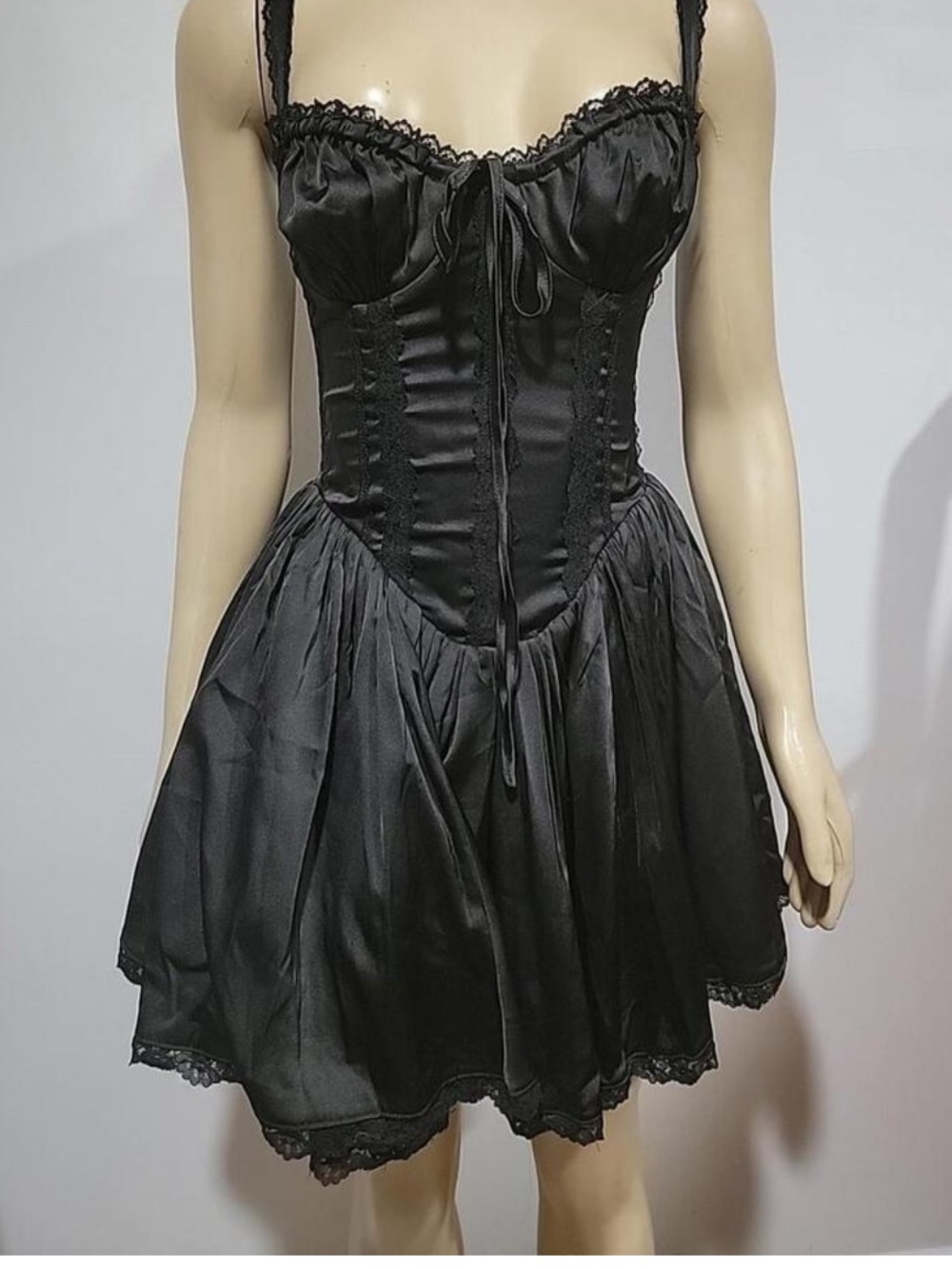 Dolls Kill Black Satin Lace-Trim Corset Mini Dress